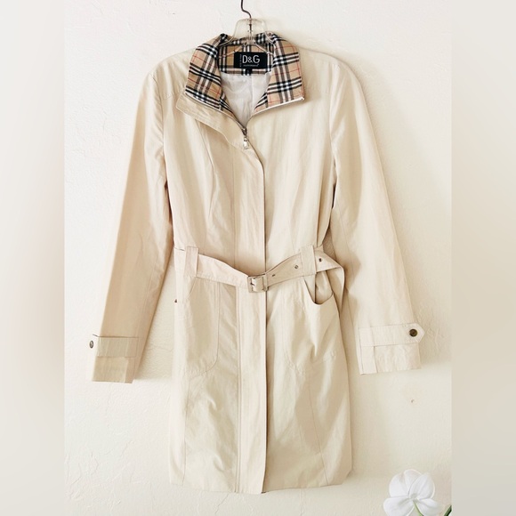 Dolce & Gabbana Cream Belted Trench Coat Tan Plaid Lining - Picture 1 of 6